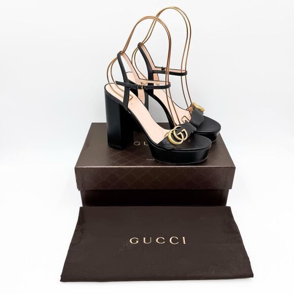Gucci Marmont GG Platform Sandals EU 38 US 8 Black Leather Block High Heel - Picture 2 of 15